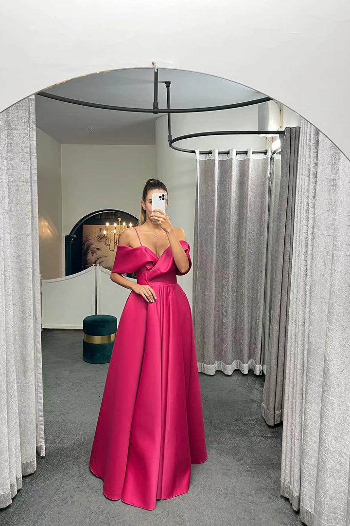 Off-the-Shoulder A-Line Lace-Up Back Long Evening Dress with Spaghetti Straps