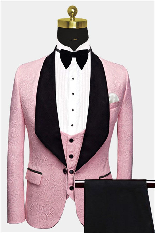 Koscy Black Lapel Wedding Suit - 3 Piece with Pink Jacquard for Men