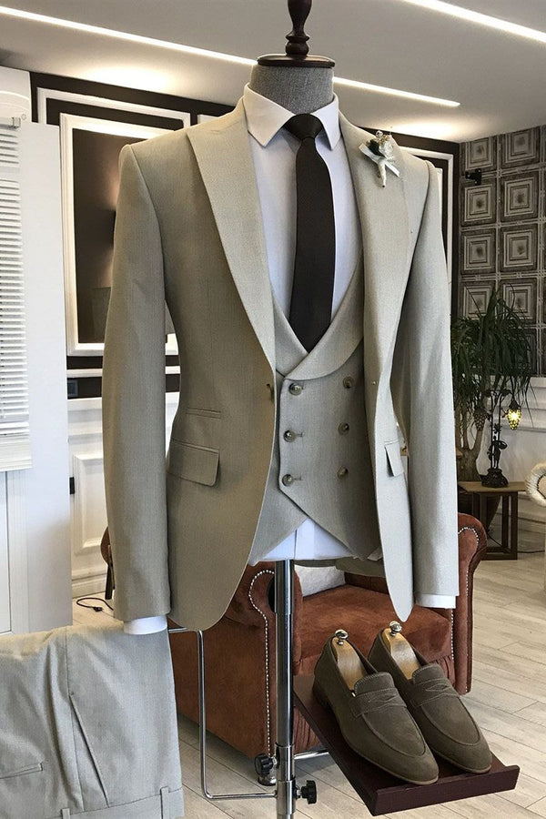 Koscy Three-Piece Light Brown Wedding Suit for Groom with Double Breasted Design