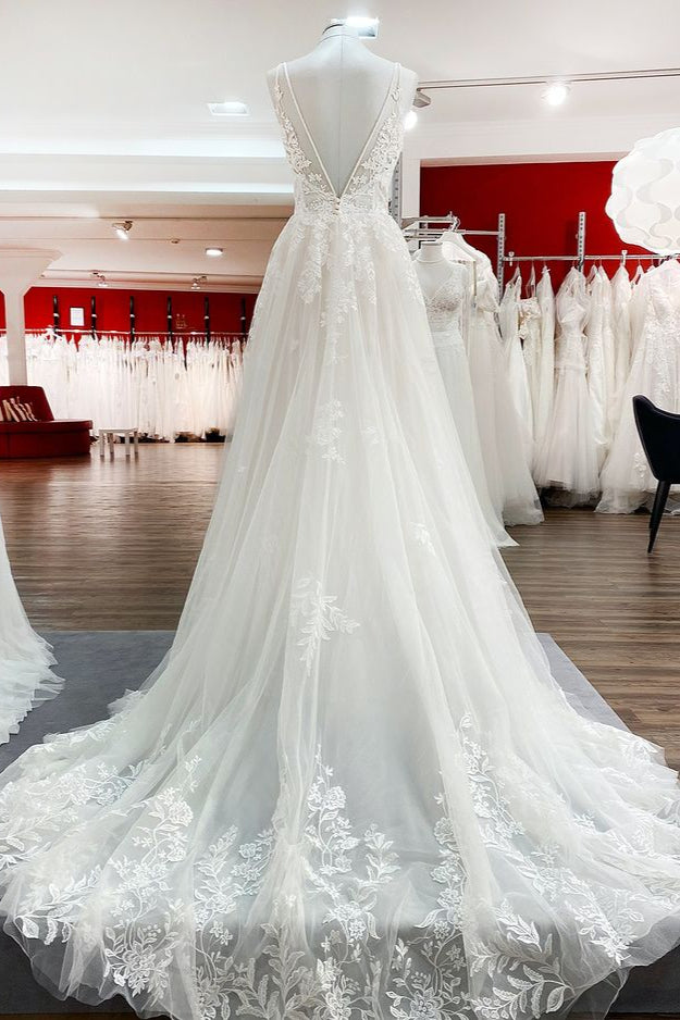 Bmbride Elegant Long A-Line V-Neck Tulle Spaghetti Straps Lace Bridal Gown
