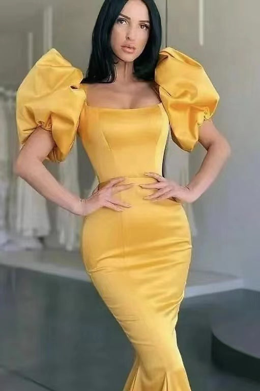 Yellow Square Bubble Sleeves Mermaid Long Prom Dress