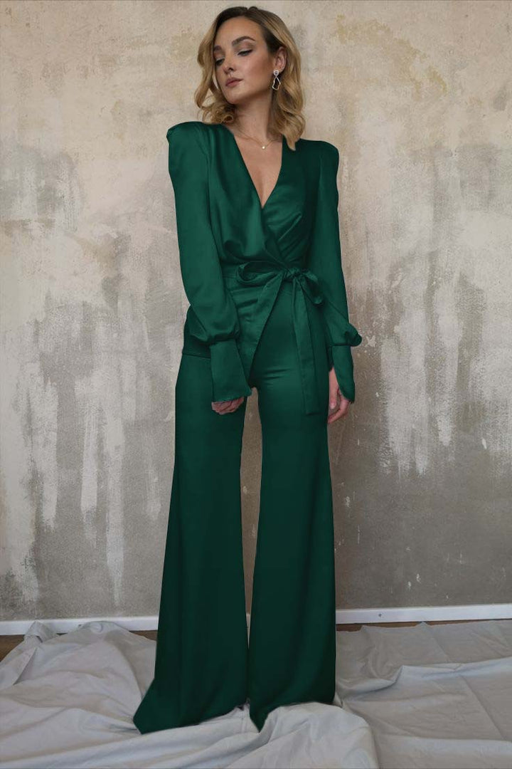 Koscy Charming Long Sleeves White V-Neck Long Jump Suit With Belt