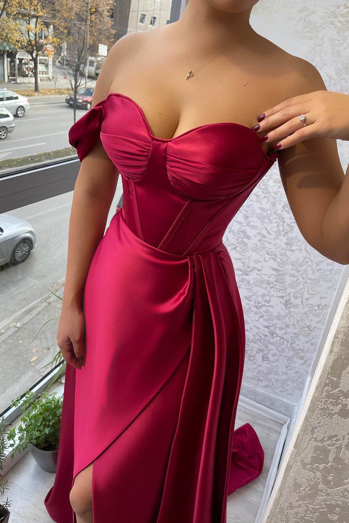 One Shoulder Strapless Sweetheart Slit Evening Dress With Ruffle