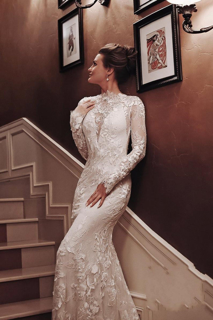 Bmbride Long Sleeve High Neck Appliques Lace Backless Mermaid Wedding Dress