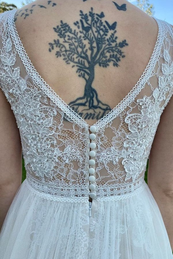 Bmbride Long A-line V-neck Tulle Lace Backless Wedding Dresses
