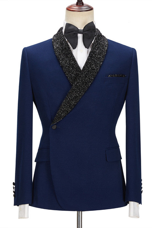 Koscy Shining Dark Navy Business Formal Suit for Prom with Black Lapel