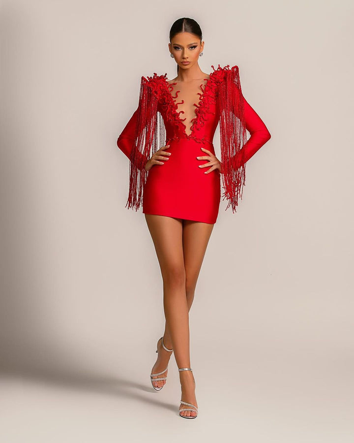 Short Red V Neck Tassel Evening Dress with Sexy Long Sleeves