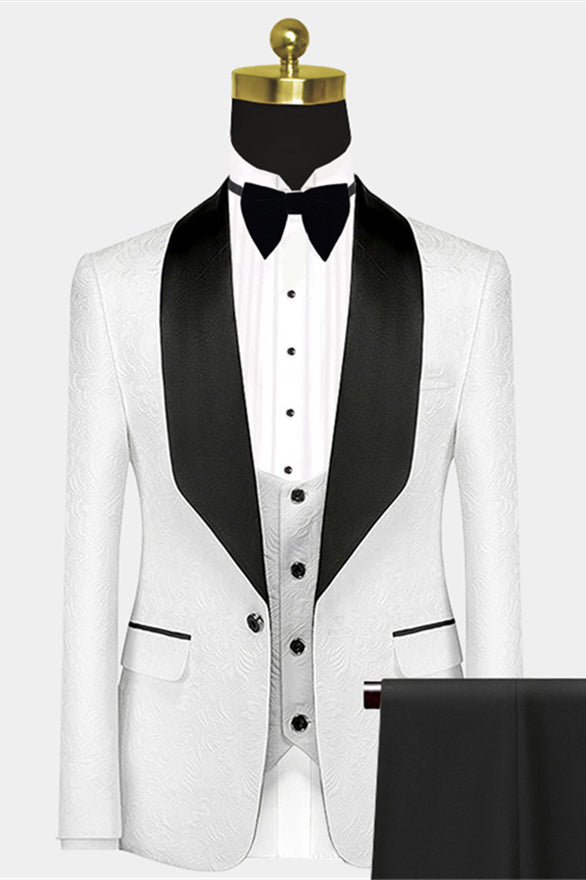 Koscy Gentle White Jacquard Wedding Suit with Black Satin Lapel for Men 2024