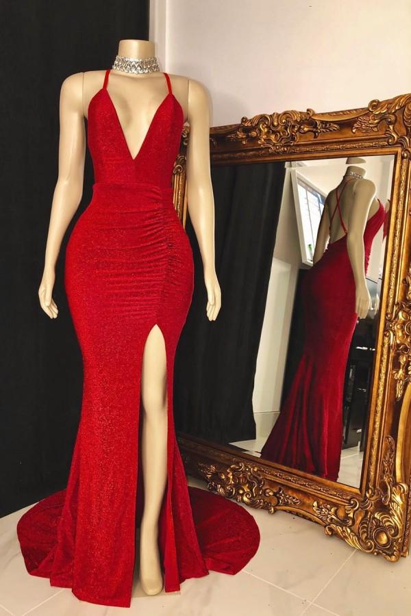 Sleeveless Red Halter Prom Dress Featuring Split