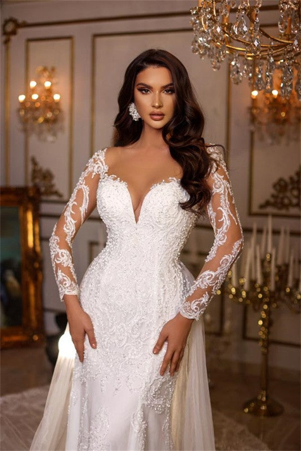 Bmbride Long Mermaid Sweetheart Tulle Lace Wedding Dress with Sleeves - Charming