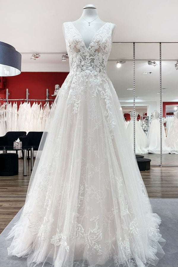 Bmbride Long A-line Deep V-neck Open Back Tulle Sleeveless Wedding Dress with Appliques Lace