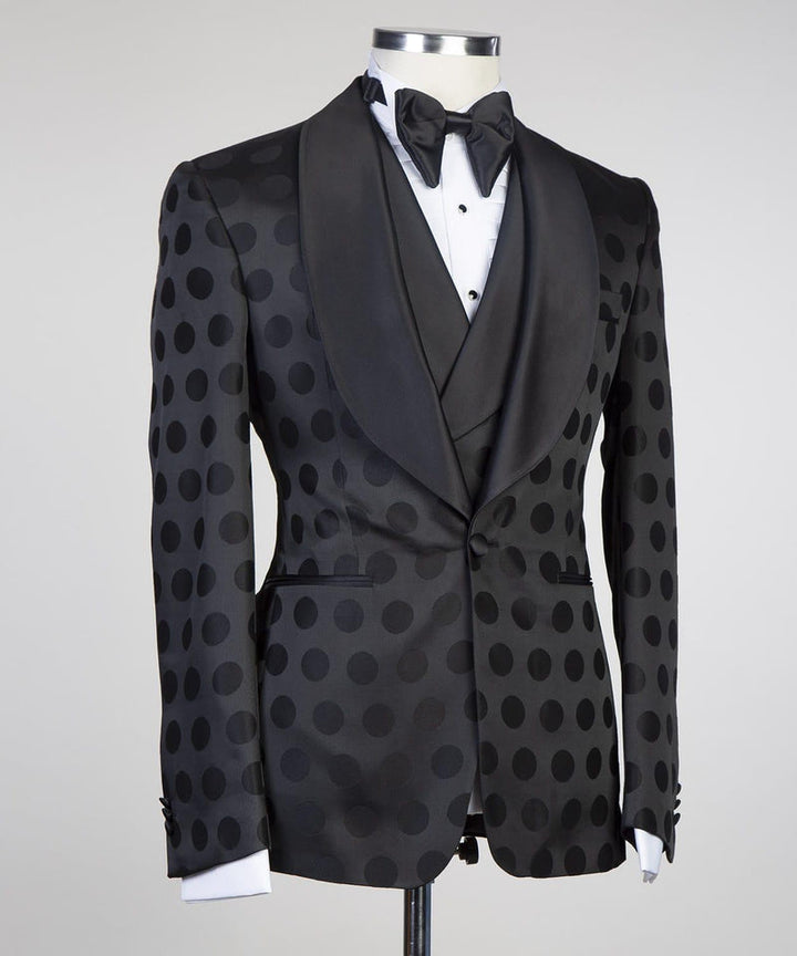 Koscy Handsome Formal Prom Suit with Black Pattern, Three Pieces and Shawl Lapel