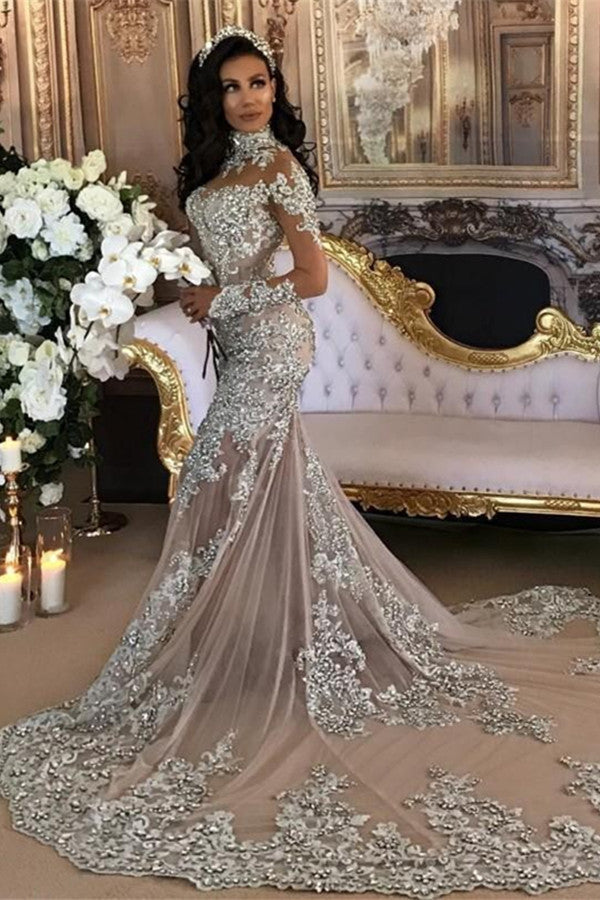 Bmbride Luxury Wedding Dresses - High Neck Long Sleeve Silver Lace Mermaid