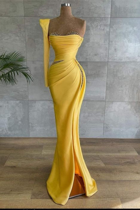 Yellow Asymmetrical Prom Dress With Beads