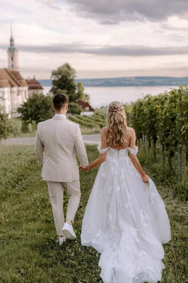 Bmbride Long A-line off the shoulder Tulle Floral Lace Wedding Dress