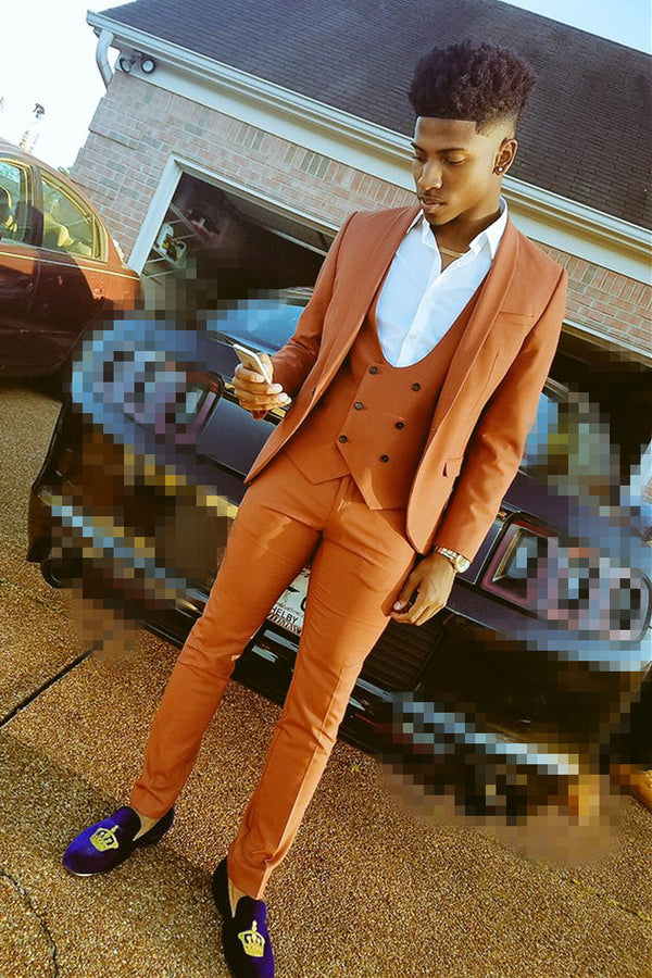 Koscy Shawl Lapel Orange Three-Piece Formal Dinner Suit for Men