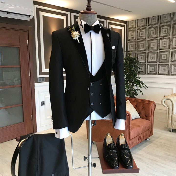 Koscy Three-Piece Black Summer Wedding Suit with Peaked Lapel for Men’s Celebrations