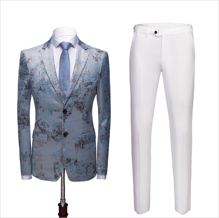 Koscy Blue Notched Lapel Wedding Suit with White Pants for Men’s Events