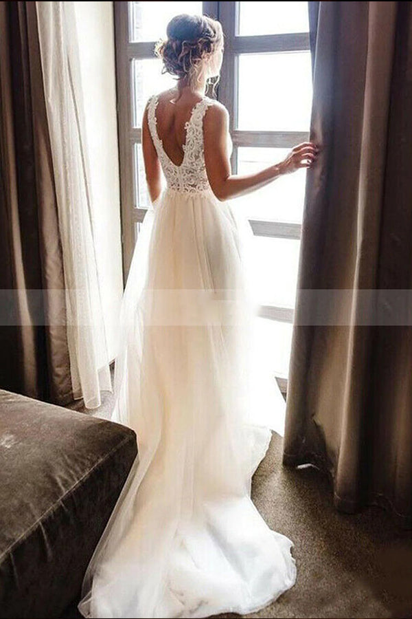 Bmbride Straps V-neck Lace Appliques A-line Backless Wedding Dress