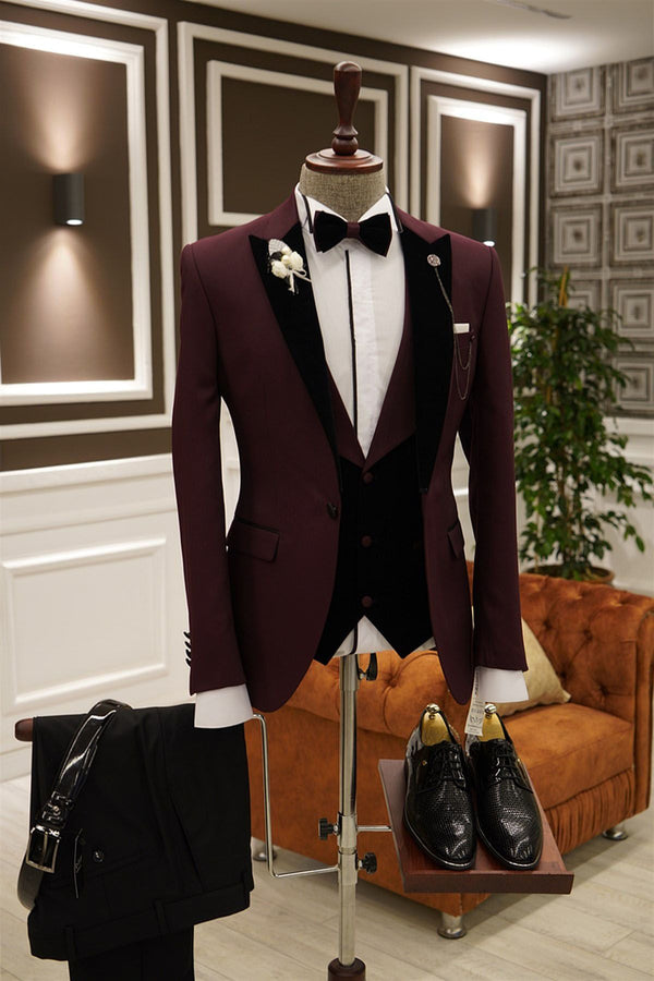 Koscy Stylish Burgundy Peaked Lapel Evening Suit with Three Pieces