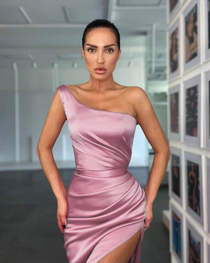 One Shoulder Sleeveless Rose Evening Dress With Slit