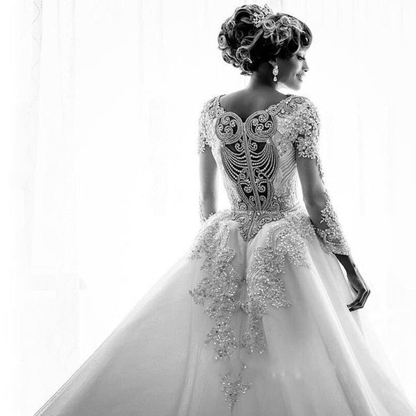 Bmbride Long Sleeve Mermaid Wedding Dresses with Lace Appliques and Overskirt
