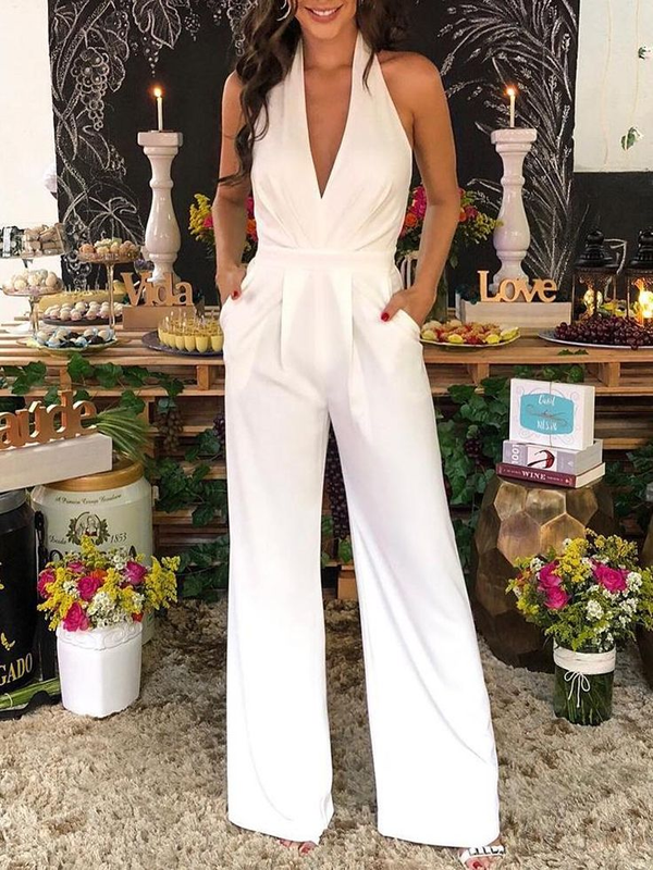 Koscy Elegant White Halter V-Neck Wide-Leg Long Jump Suit