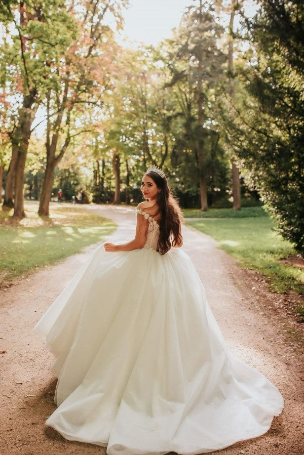 Bmbride Off the Shoulder Sleeveless V-neck Ball Gown Wedding Dress with Appliques