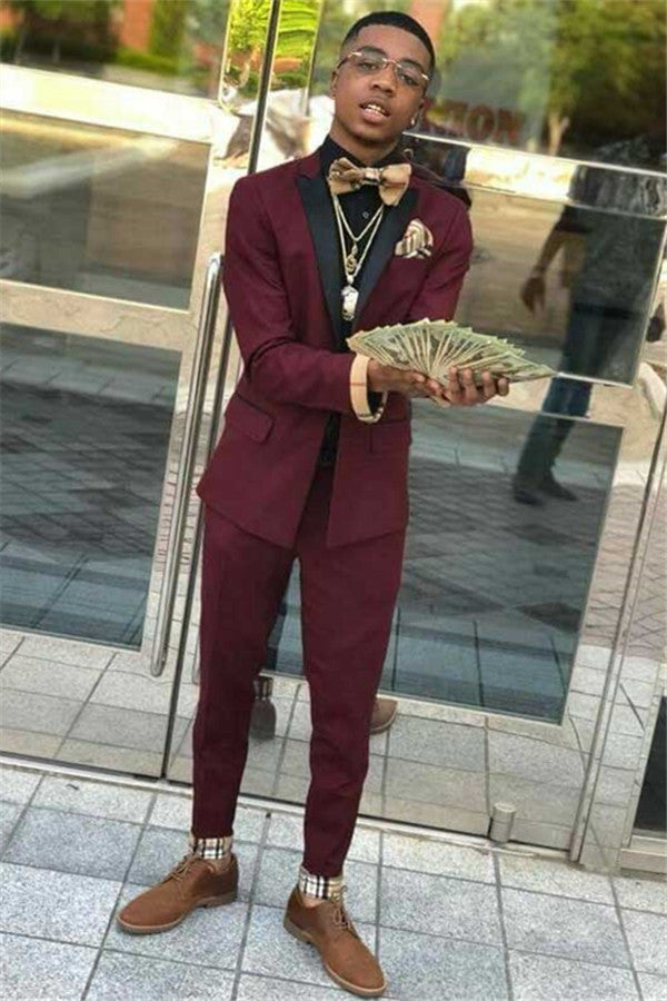 Koscy New Arrival Burgundy Party Prom Suit, Two Pieces for Men with Black Lapel