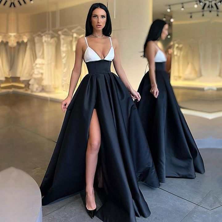 Spaghetti-Straps Prom Dress in Black and White