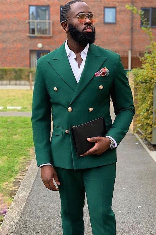 Koscy Fashionable Dark Green Evening Suit with Peaked Lapel and Double Breasted Design