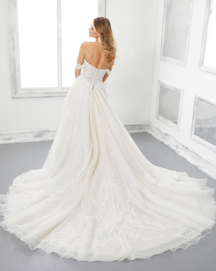 Bmbride Vintage Sweetheart Off-Shoulder Backless A-Line Train Wedding Dress With Appliques Lace