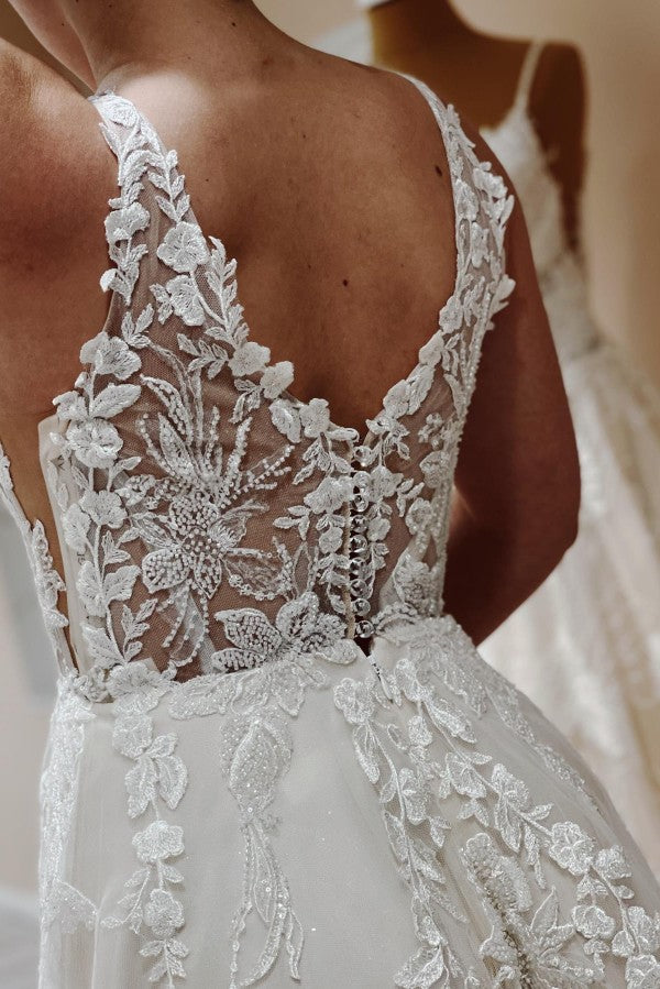 Bmbride A-line Sleeveless Floor Length Wedding Dress with Appliques