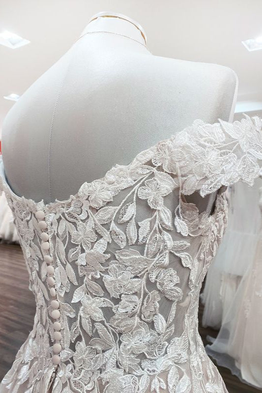 Bmbride Long A-line Off-the-Shoulder Tulle Lace Ruffles Wedding Dress