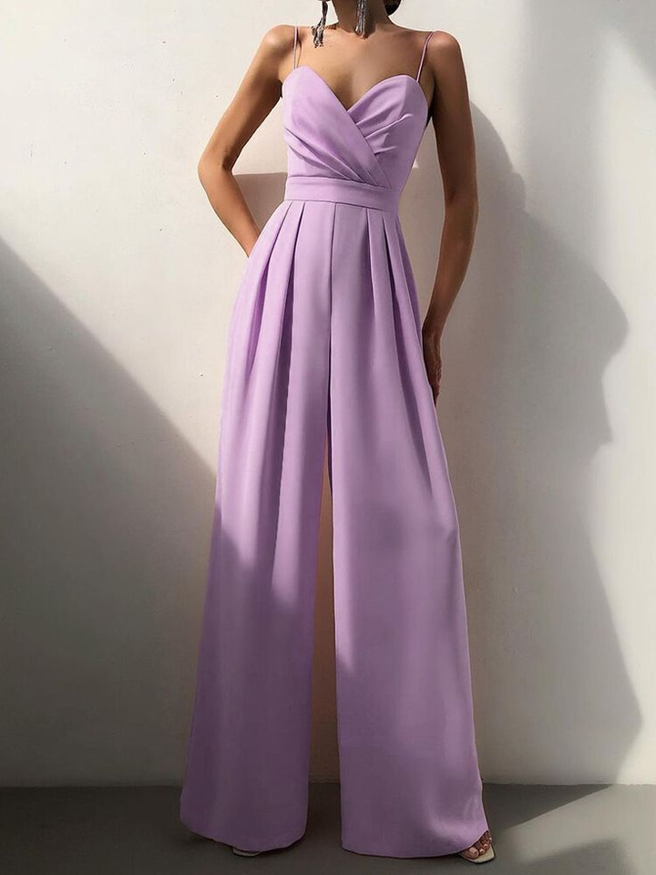 Koscy Graceful Purple Spaghetti-Straps Sweetheart Women's Jump Suit With Pleats
