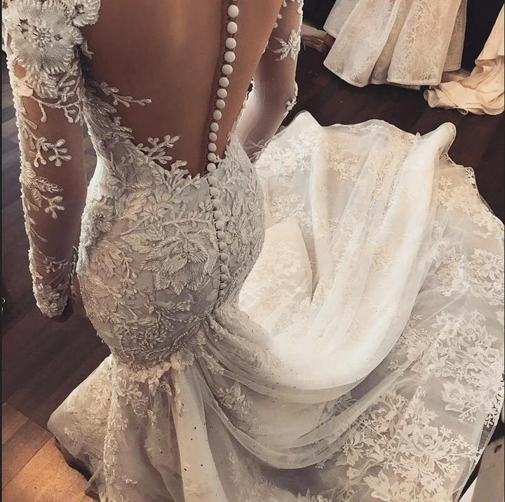Bmbride Long Sleeve Sweetheart Appliques Lace Mermaid Wedding Dress