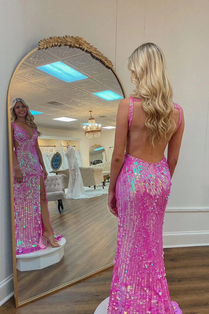 Long V Neck Pink Sequins Prom Dress with Backless Sleeveless Design and High Slit Gown