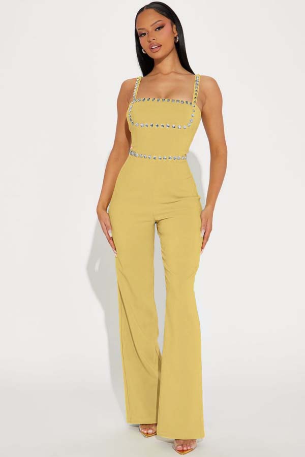 Koscy Fashion Green Square Neck Spaghetti-Straps Slim Fit Jump Suit