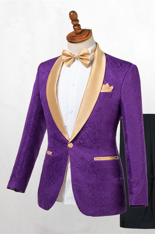 Koscy Newest Gold Lapel Groomsmen Tuxedo in Purple with One Button