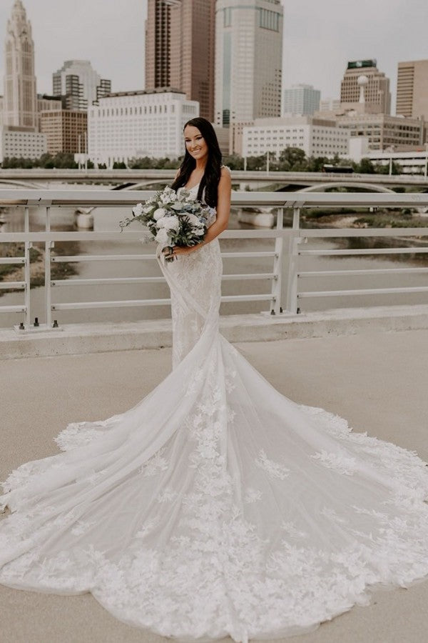 Bmbride Long Mermaid V-neck Spaghetti Straps Lace Backless Wedding Dress
