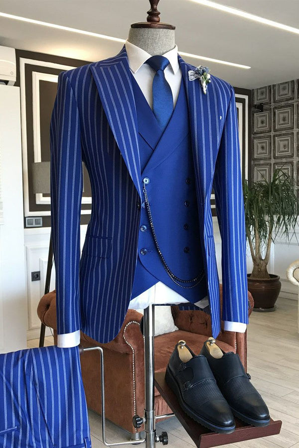 Koscy Gentle Blue Three-Piece Bespoke Suit with Peaked Lapel and Stripes