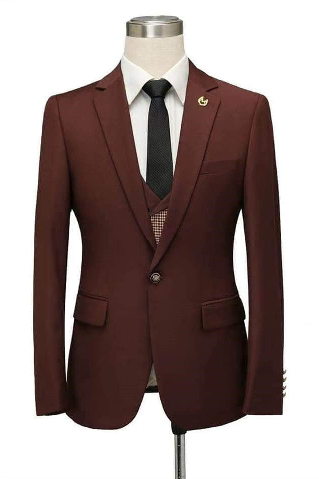 Koscy Fashionable Burgundy Fitted Wedding Suit with Notched Lapel for Men’s Parties
