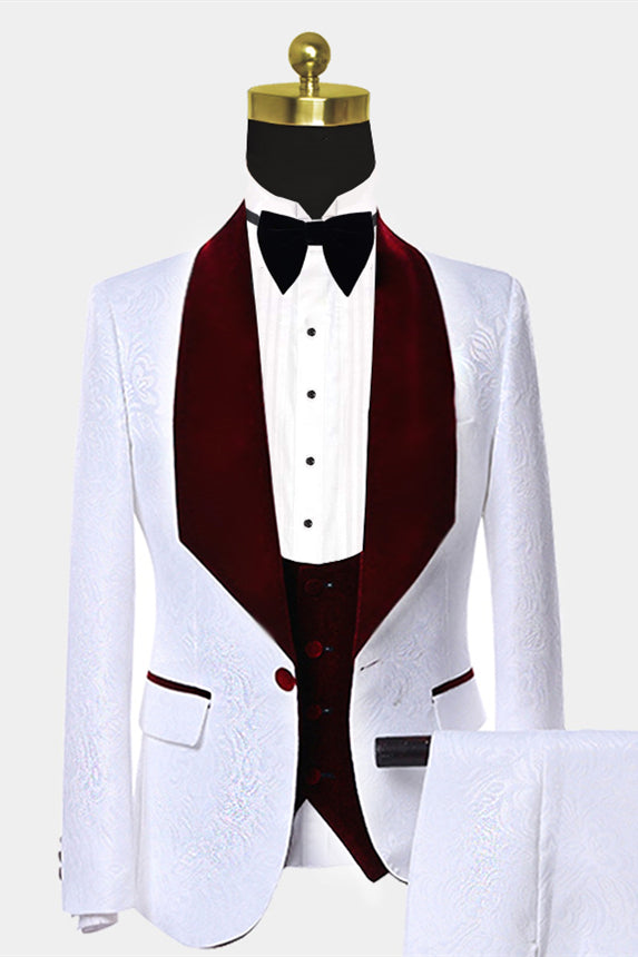 Koscy Shining Burgundy Velvet Prom Suit for Men with White Jacquard Lapel