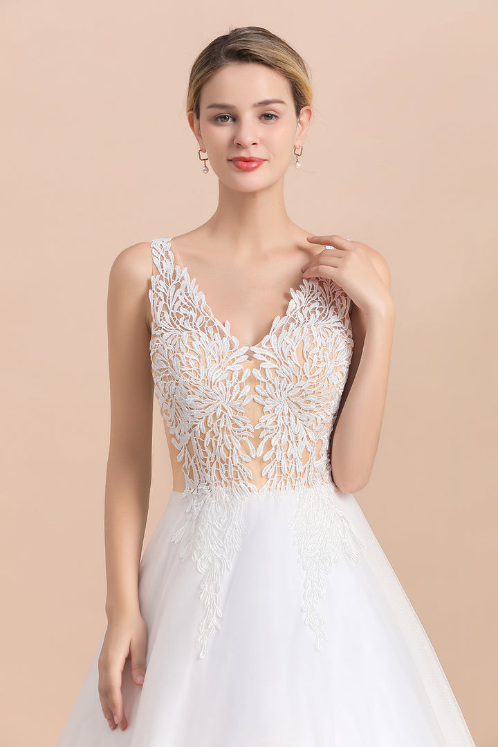 Bmbride Boho Wedding Dress with A-line Straps Tulle Appliques and V-Neck Lace