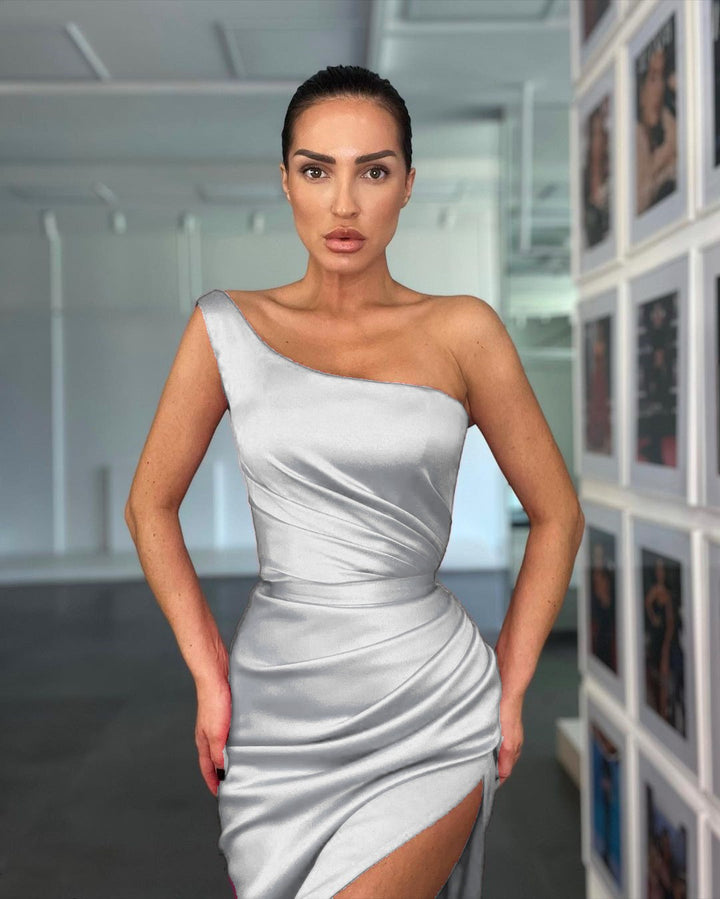 One Shoulder Sleeveless Rose Evening Dress With Slit