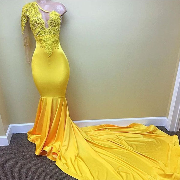 Yellow One-Shoulder Long Sleeve Mermaid Prom Dress With Applique