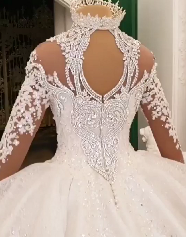 Bmbride Sparkle Applique Satin Ball Gown Wedding Dress with High Neck and Long Sleeves