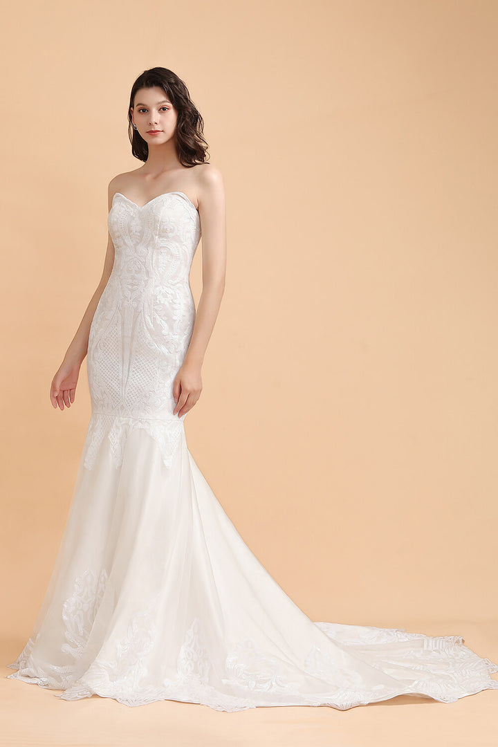 Bmbride Sparkling White Mermaid Wedding Dress with Sweetheart Neckline