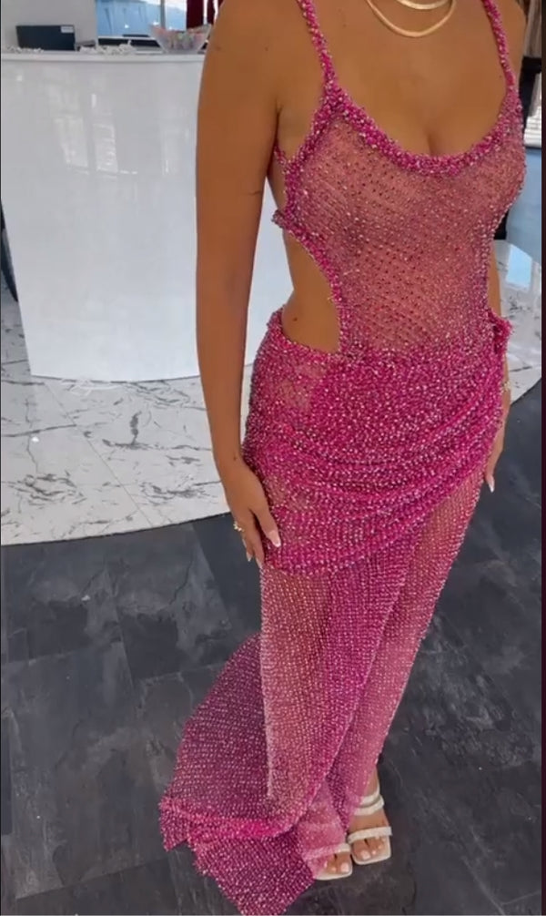 Pink Sequins Prom Dress with Round Neck