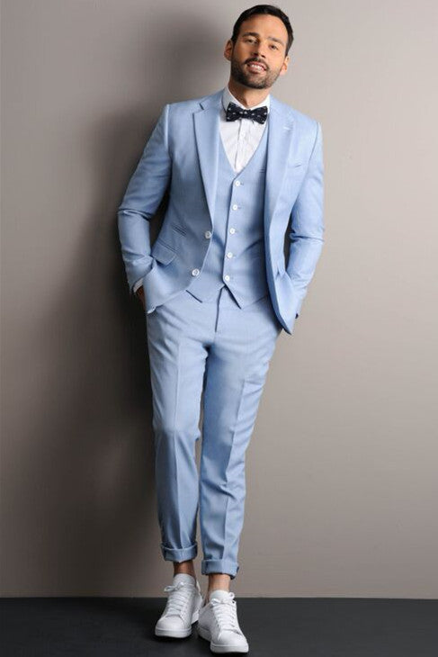 Koscy Popular Sky Blue Three-Piece Groom Suit with Notched Lapel for Prom